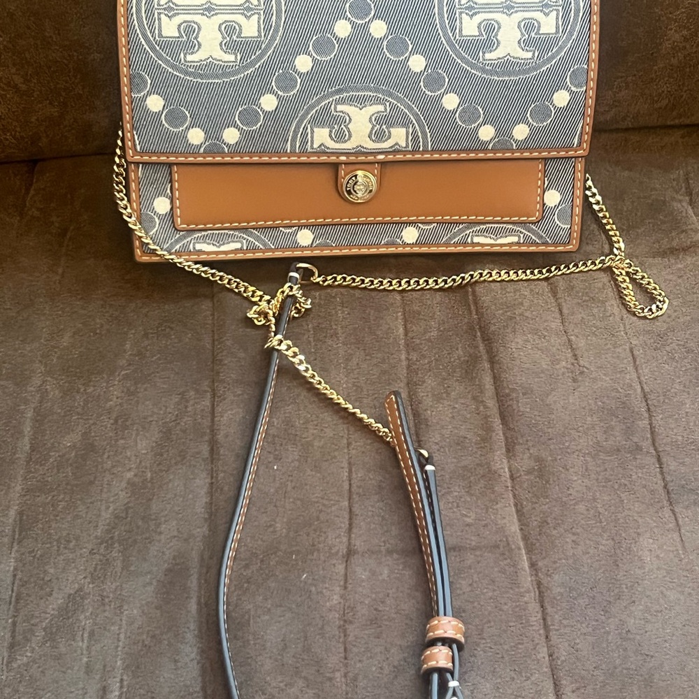 Tory Burch T Monogram Denim Chain Wallet
